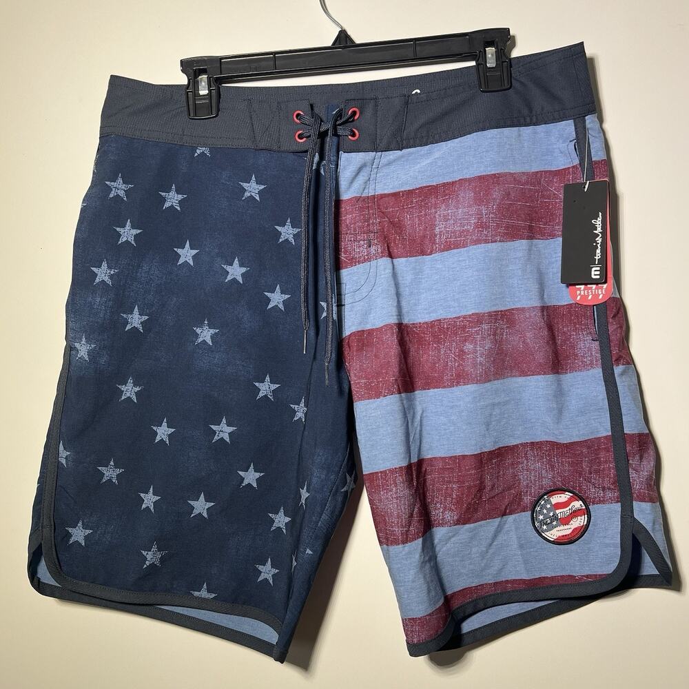 Travis Mathew Board Shorts Men 34 Patriotic Stars Stripes Swim Trunks NWT